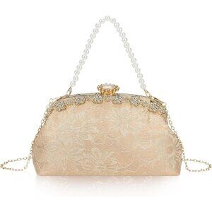 ⚡ Women's Gold Fabric Lace Pearl Chain Rhinestones Shoulder Clutch Bag